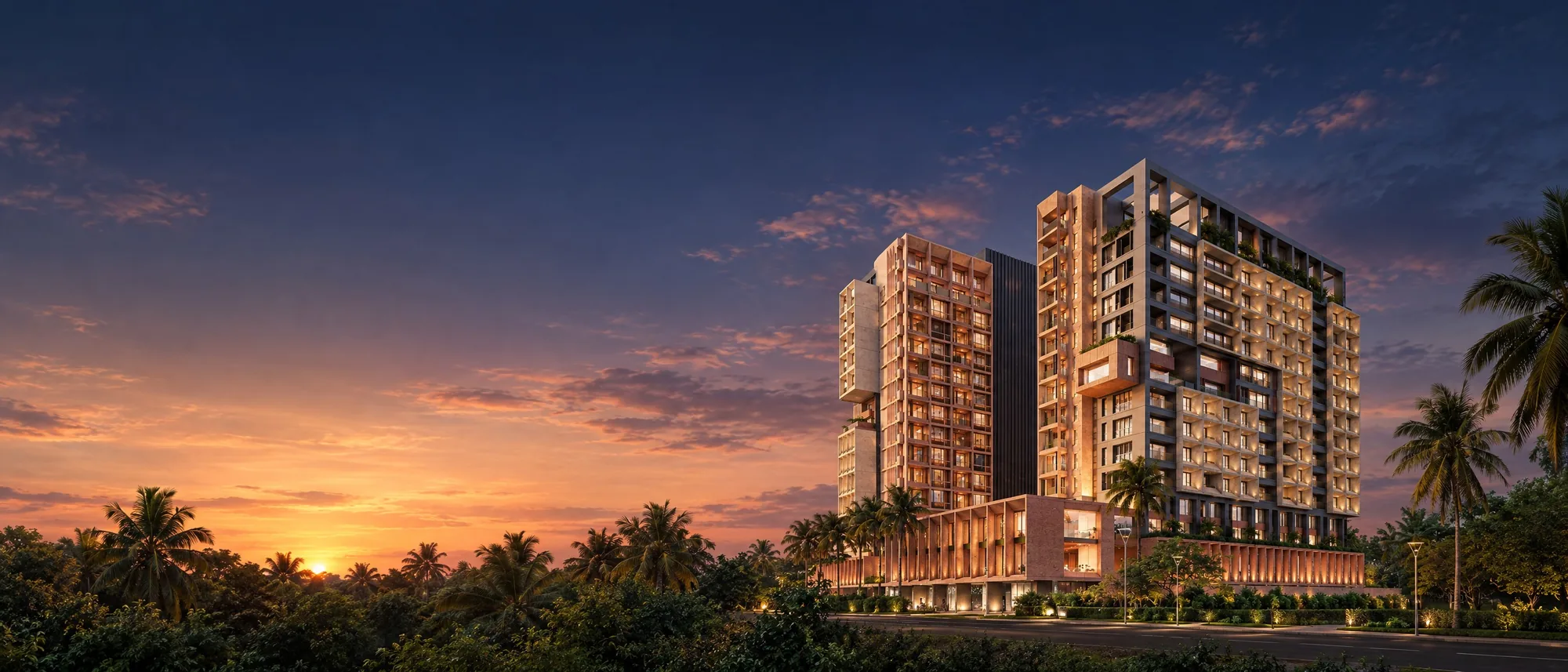 The two towers of Grand Mirage at dusk, Airport Residential Area, Accra