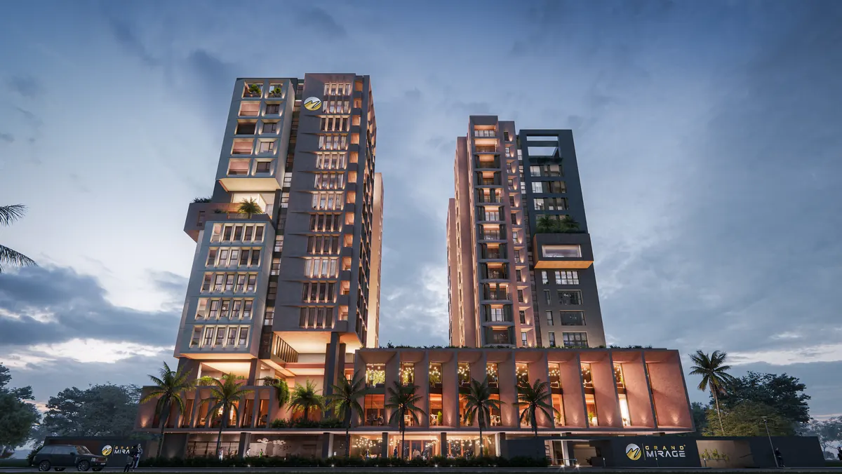 The two towers at dusk at Grand Mirage (artist’s impression)